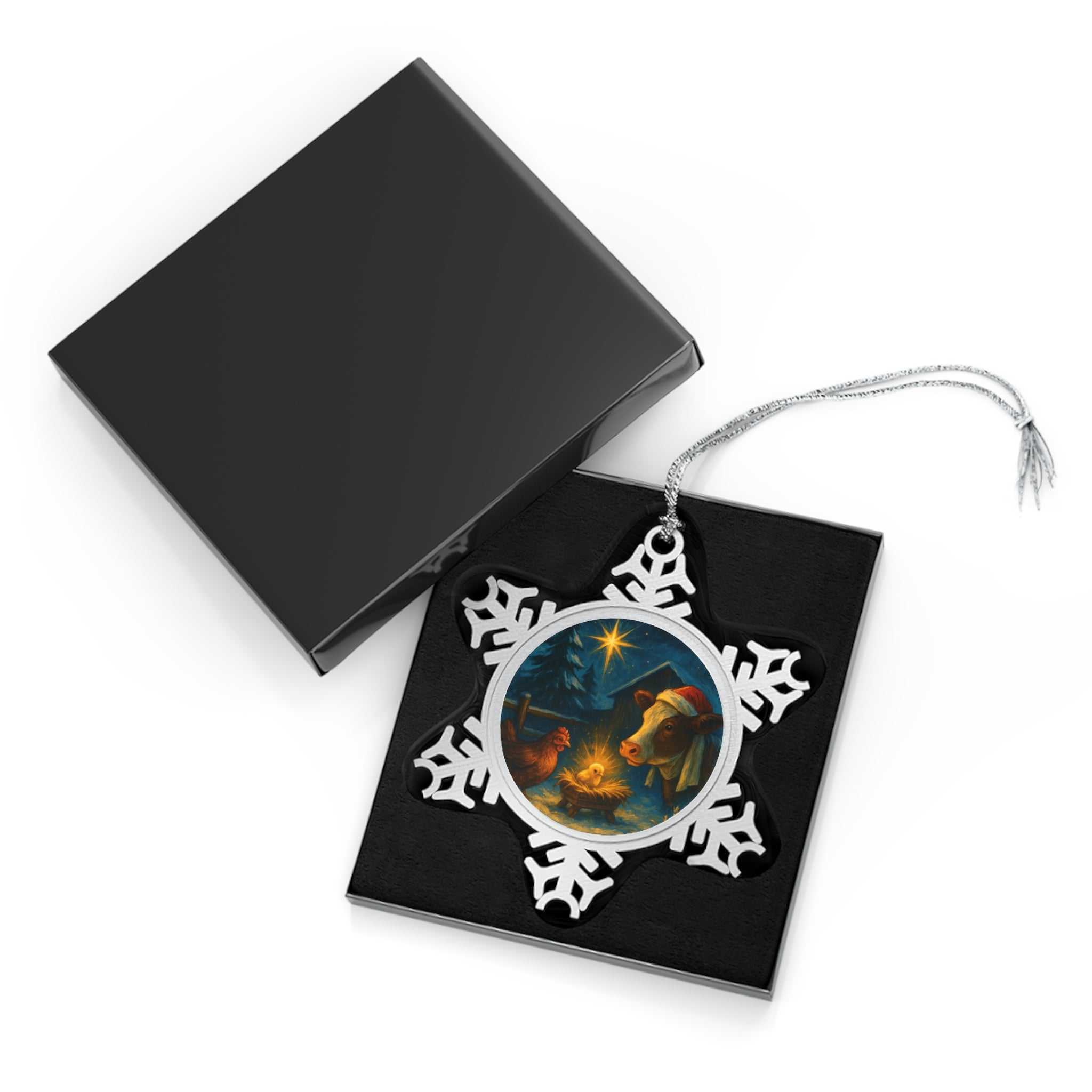 Farm Nativity Snowflake Ornament | Rustic Pewter Christmas Decoration