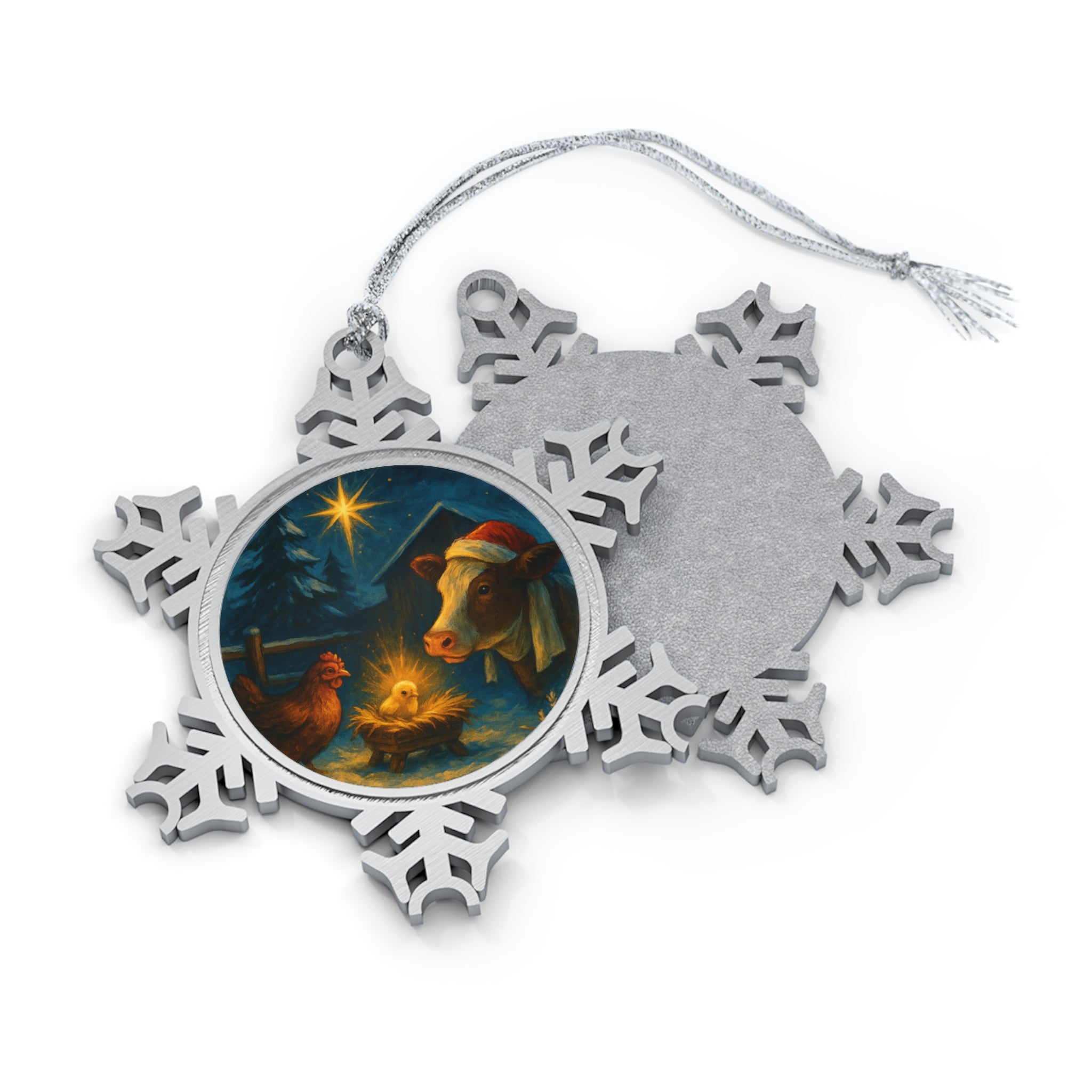 Farm Nativity Snowflake Ornament | Rustic Pewter Christmas Decoration