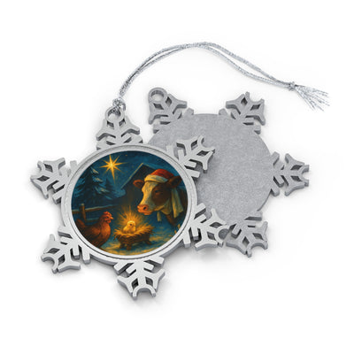 Farm Nativity Snowflake Ornament | Rustic Pewter Christmas Decoration